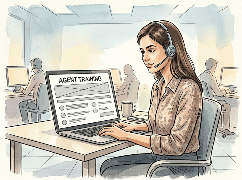 Call center agent with headset working at a desk in an open office