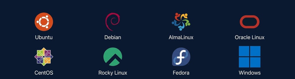 Supported UK Ryzen VPS Operating Systems including Ubuntu, Debian, AlmaLinux, Oracle Linux, CentOS, Rocky Linux, Fedora, and Windows