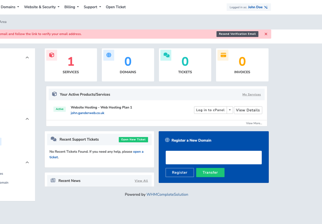 My Services list in the Gander Web Client Portal