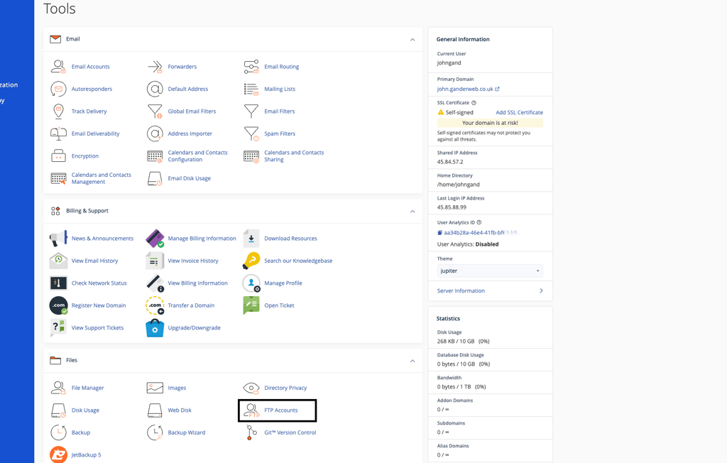 Files section of the cPanel dashboard