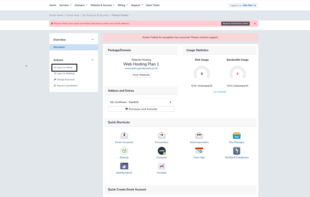 Log in to cPanel link in the Client Portal