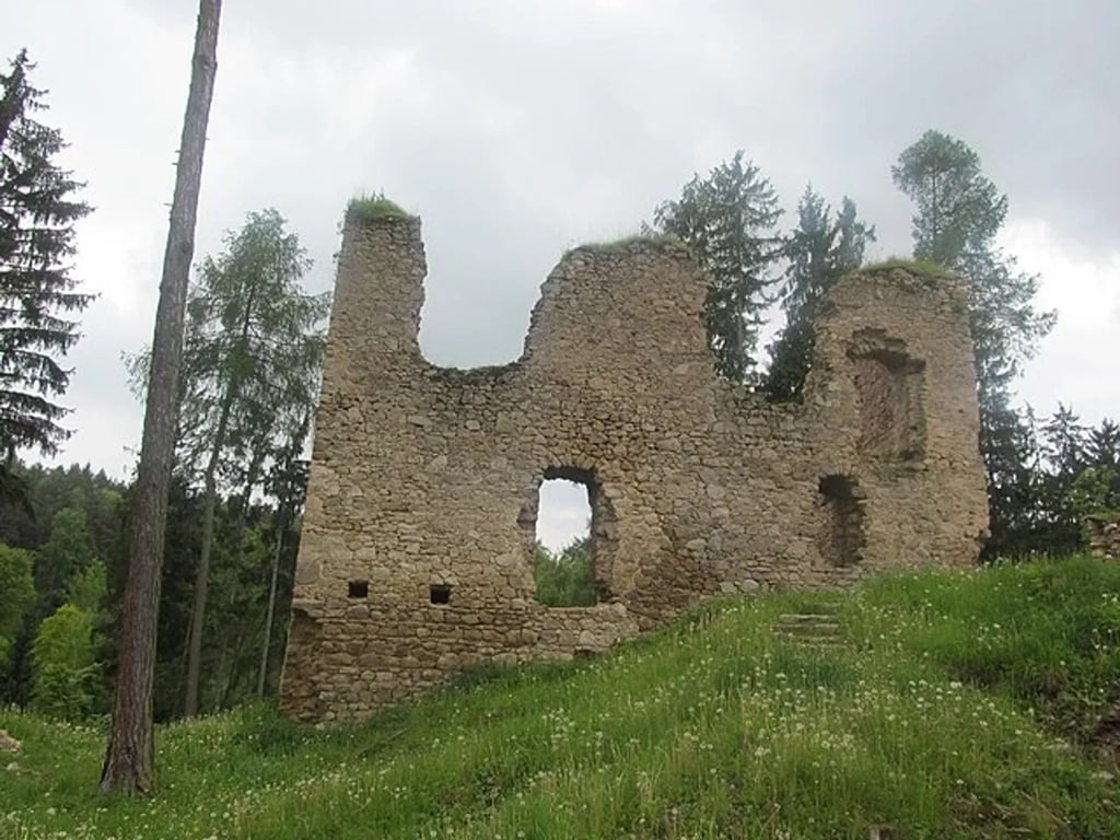 Část hradu Pořešína nacházejícího mezi stromy s třemi okenními otvory 