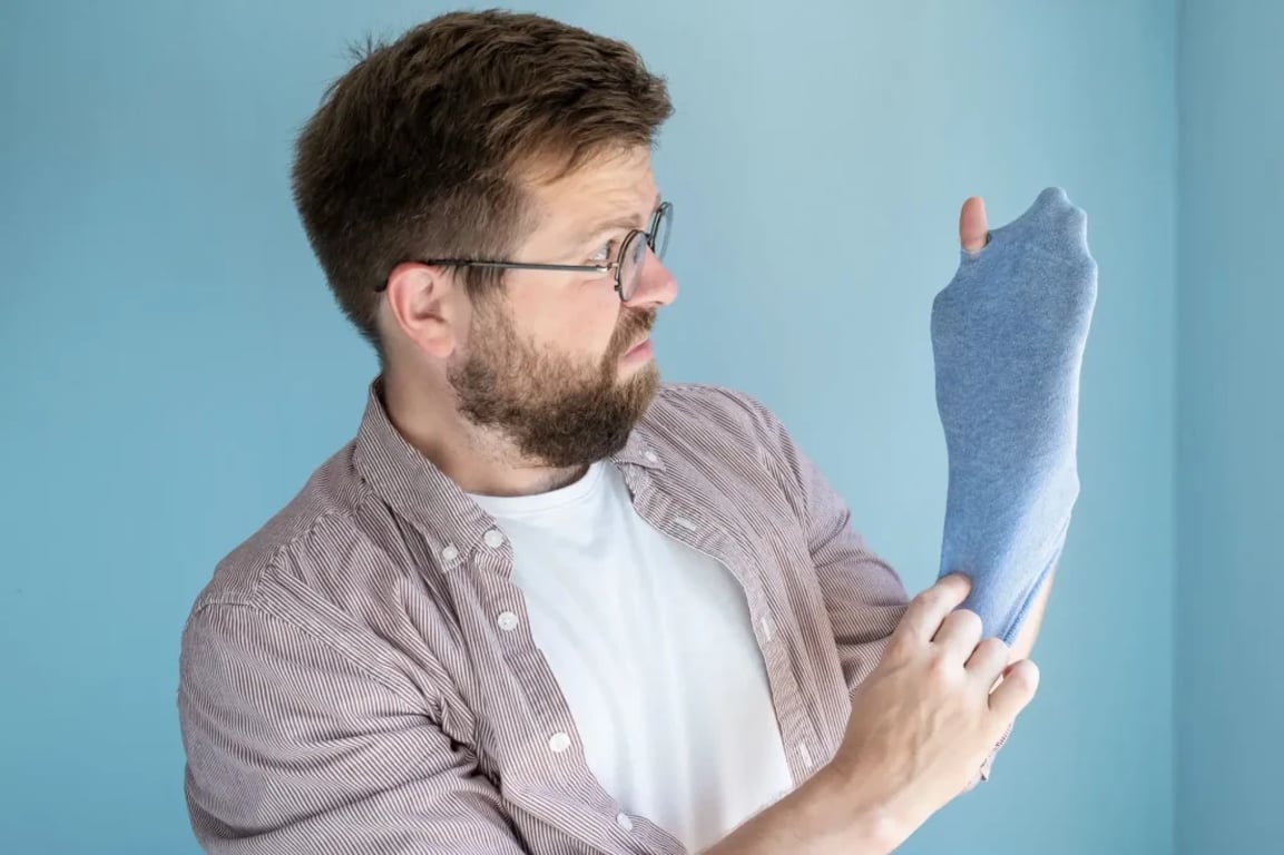 Muž má na ruce ponožku, která má díru na palci