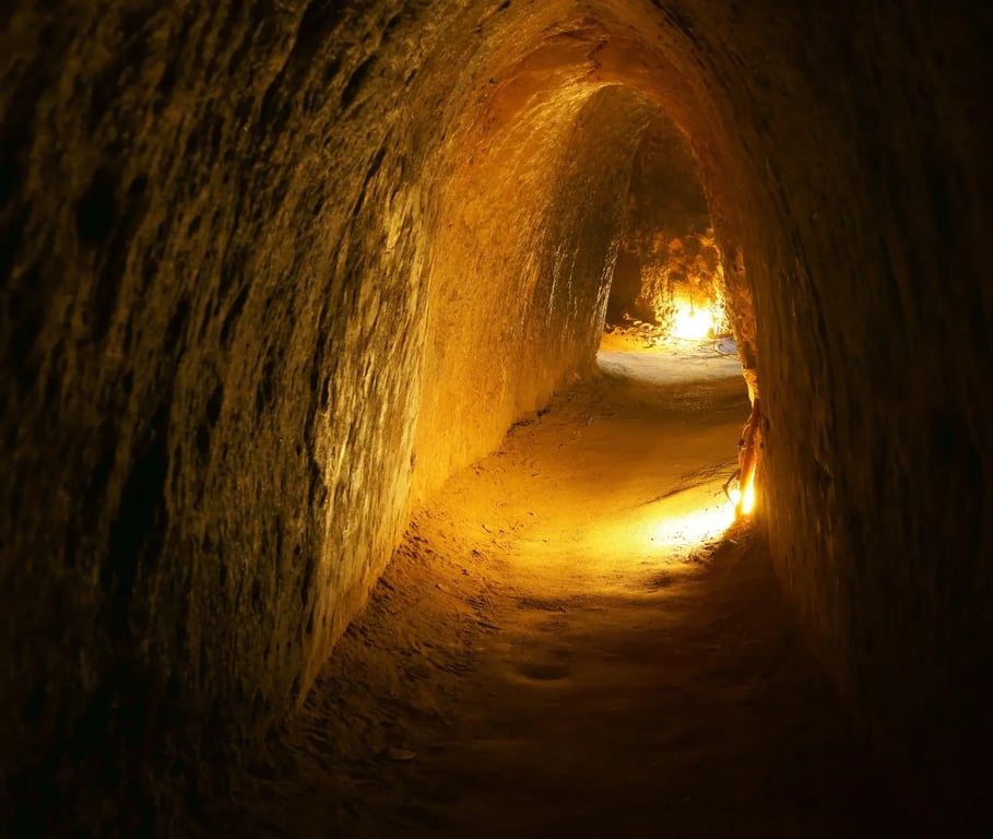 Tunel v podzemí, je osvětlený umělým žlutým světlem.