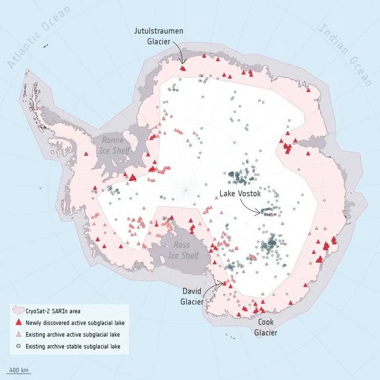Mapa subglaciálních jezer v Antarktidě