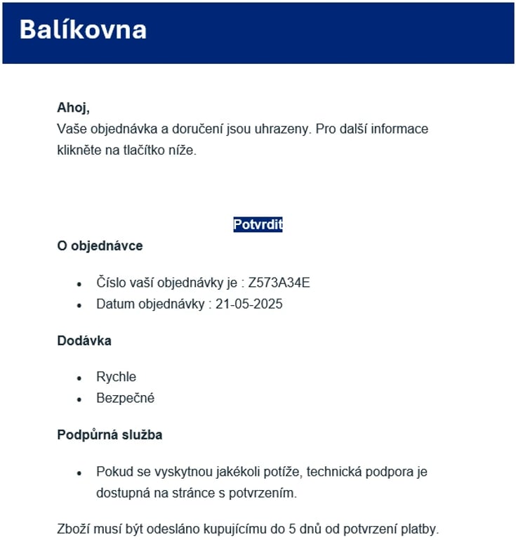 E-mail od falešné Balíkovny s potvrzením
