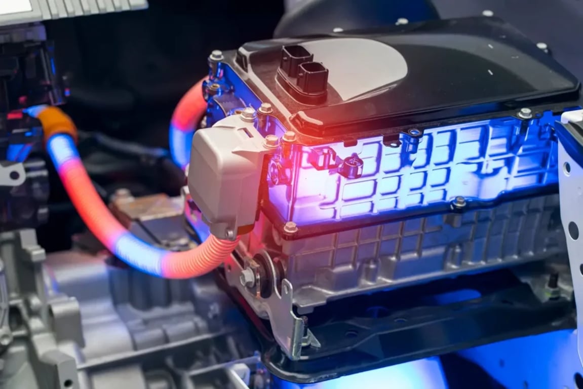 Detailní záběr na bateriový modul elektromobilu s chladicími kabely a elektronikou