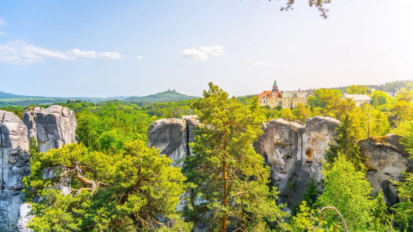 skály, které jsou obklopeny stromy