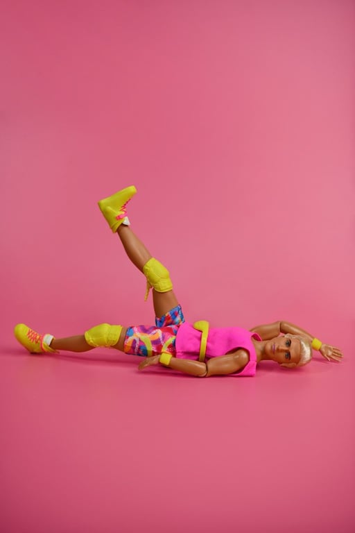 Doll in colorful athletic wear on pink background