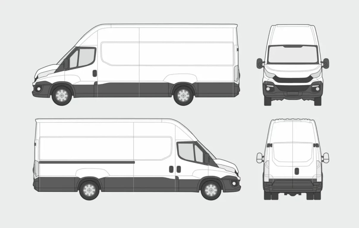 Ilustrace bílé dodávky Iveco Daily