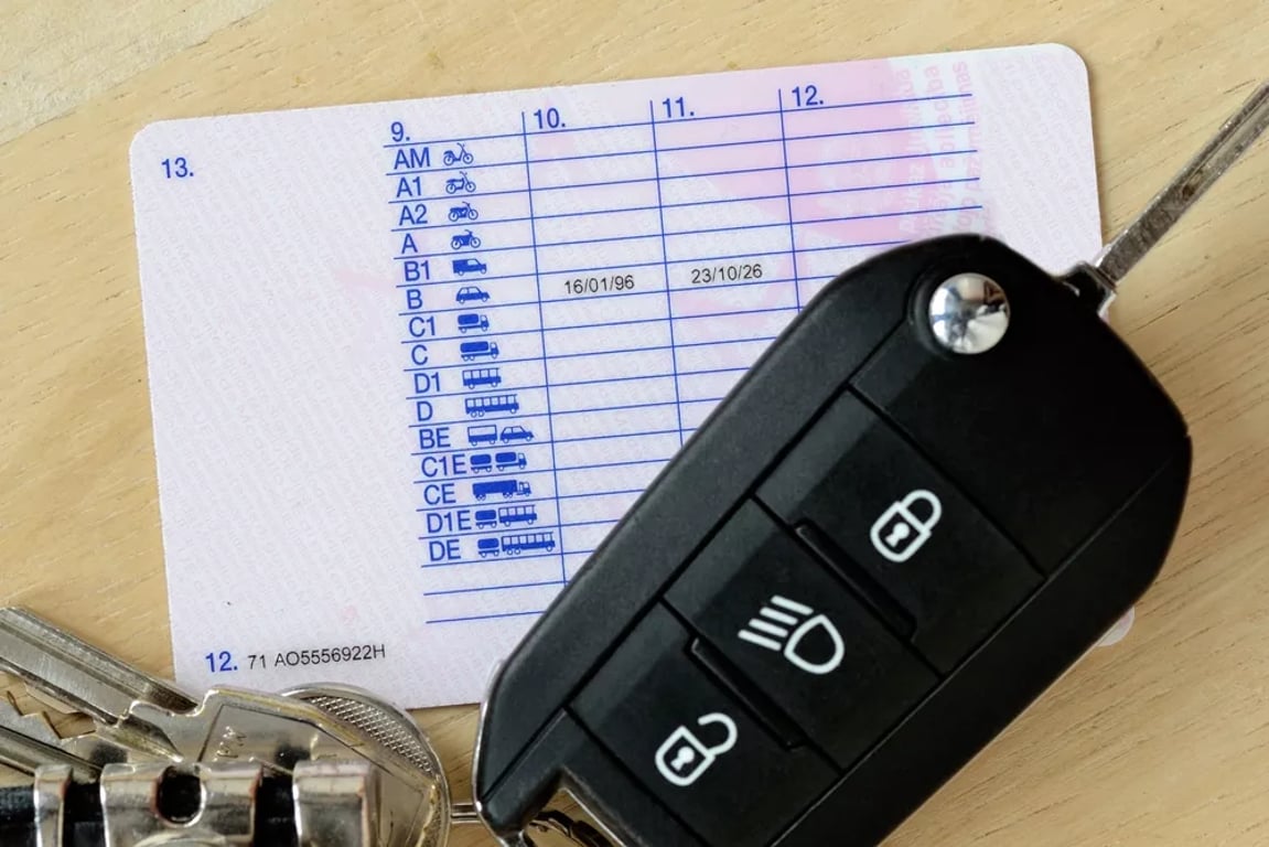 Řidičský průkaz ze zadní strany s klíčem od auta
