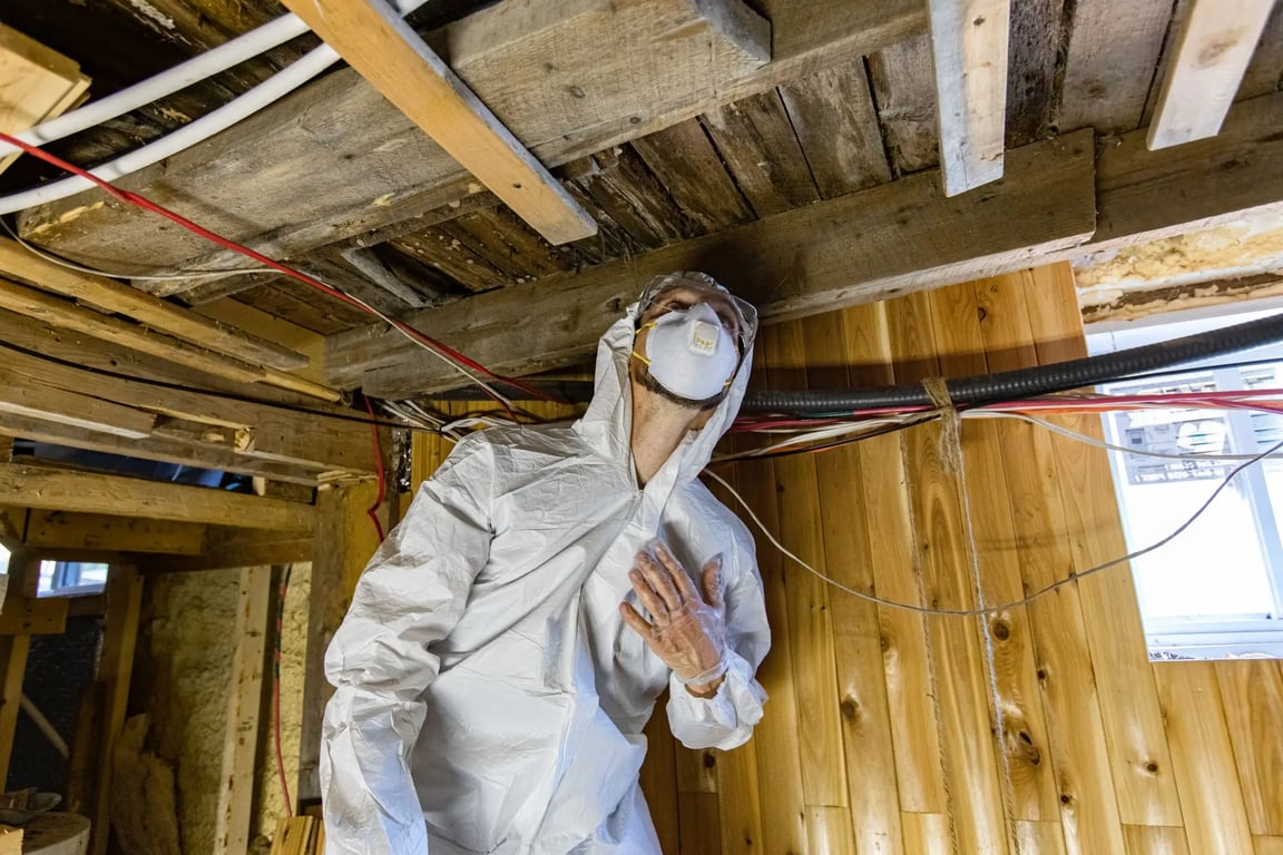 Technik chráněný rouškou při zkoumání výskytu houby.