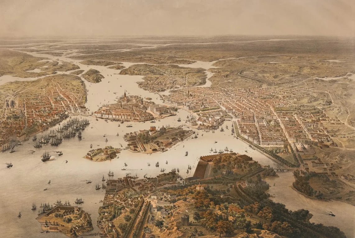 Stockholm z roku 1868 na staré kresbě