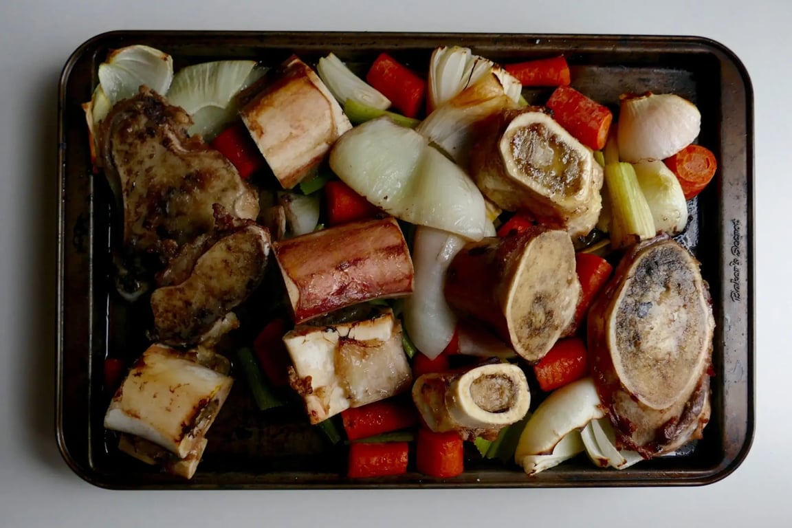 pečené kosti a zelenina na pekáčí