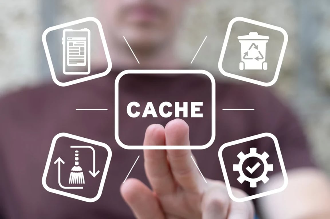 muž mačká na tlačítko "cache" - demonstruje nutnost čištění dočasných souborů