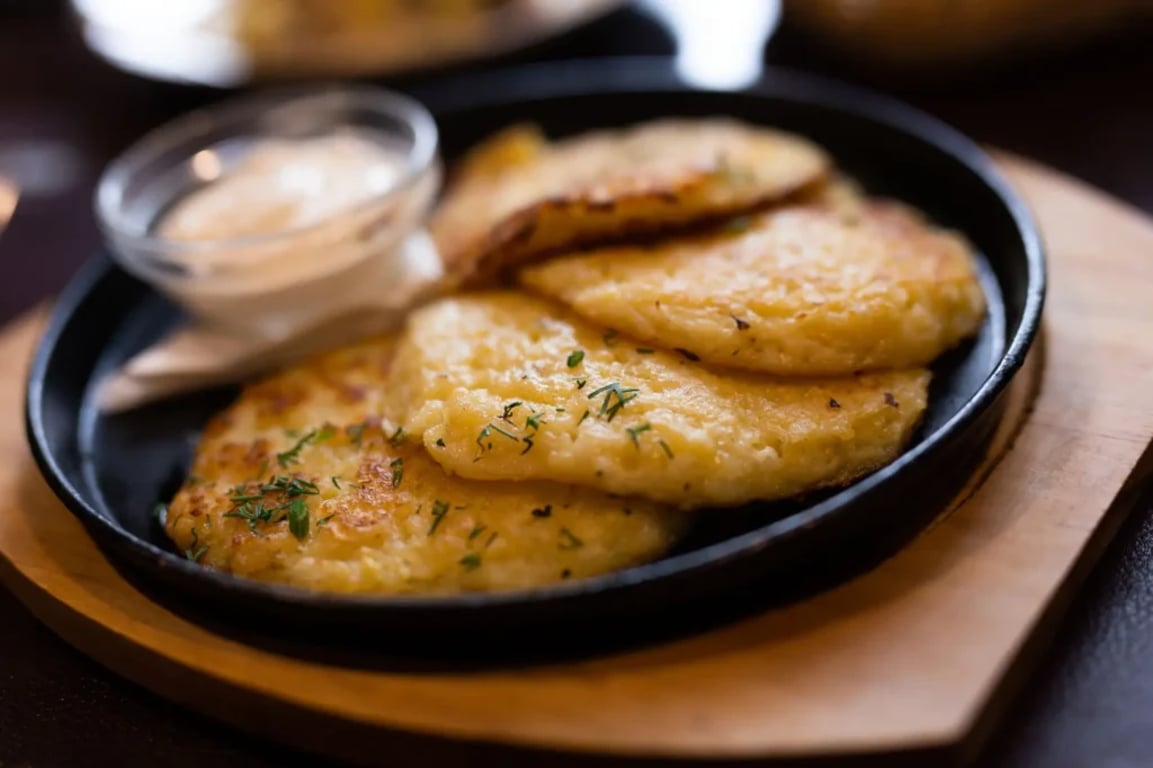 Bramborové placky alesniki podávané se zakysanou smetanou na litinové pánvi