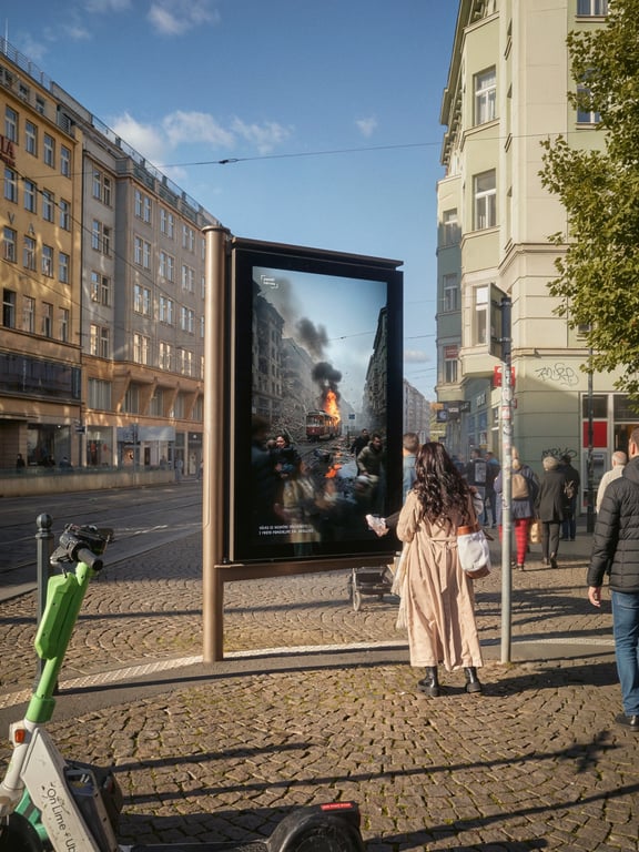 Praha zničená válkou. Paměť národa spustila v ulicích kampaň na podporu Ukrajiny
