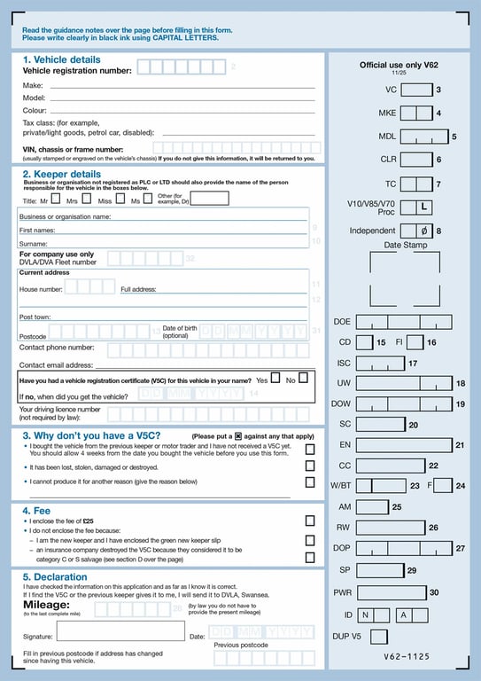 The official DVLA V62 form - Application for a vehicle registration certificate