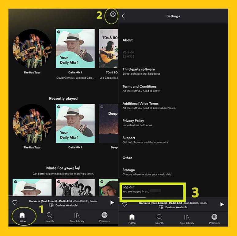 log out Spotify mobile tablet app - log in Spotify- how to Spotify