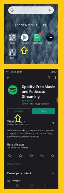 uninstall Spotify app - log in Spotify- how to Spotify
