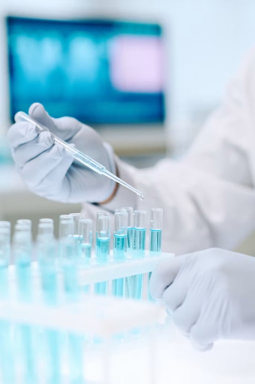 Researcher in gloves mixing liquid substances into flasks