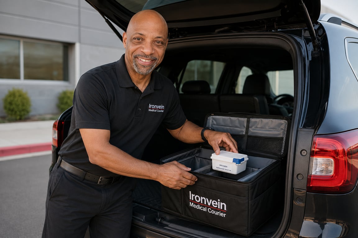 Ironvein courier securing a temperature-controlled container in a vehicle cargo area