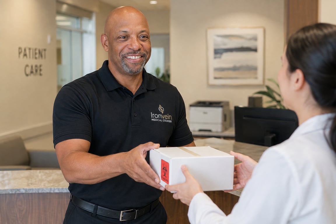 Ironvein courier handing a sealed biohazard-labeled package to staff at a patient care reception desk