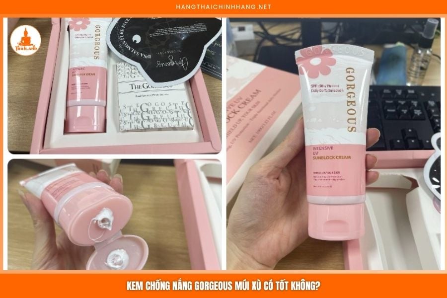 Kem chống nắng Gorgeous gây ấn tượng ban đầu với kết cấu kem mỏng nhẹ, dễ thấm
