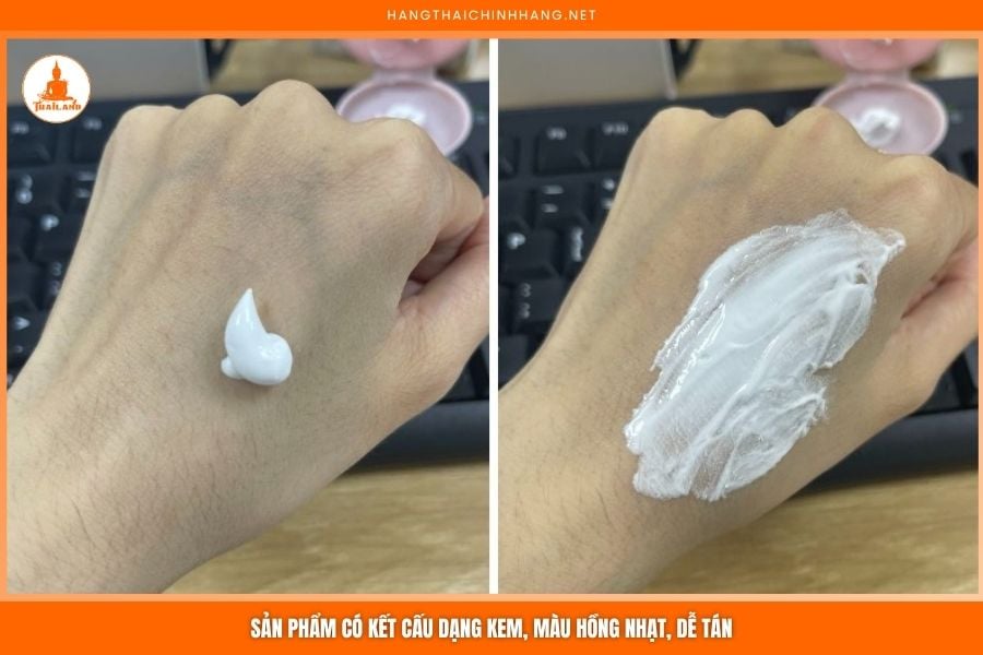 Sản phẩm có kết cấu dạng kem, màu hồng nhạt, dễ dàng tán đều trên da