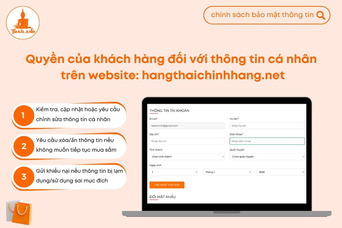 Hàng Thái Chính Hãng đảm bảo rằng khách hàng có thể kiểm soát thông tin cá nhân của mình trên website