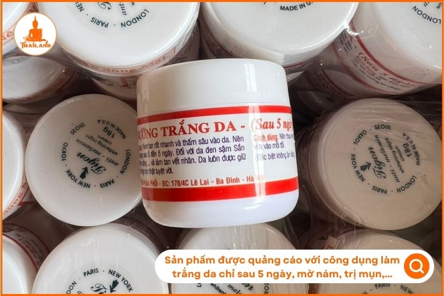 Kem Tigon được quảng cáo với hàng loạt công dụng như làm trắng da chỉ sau 5 ngày, mờ nám, trị mụn