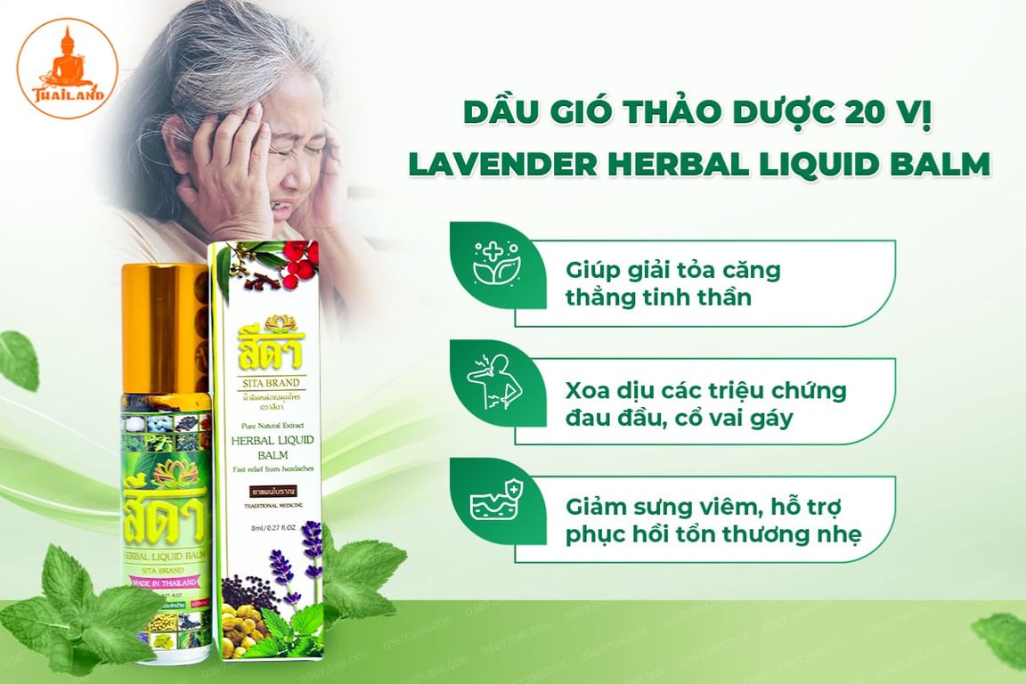 Dầu lăn thảo dược 20 vị Sita Brand giúp giảm nhanh các cơn nhức đầu, chóng mặt