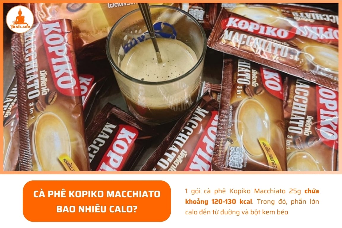 1 gói cà phê Kopiko Macchiato 25g chứa khoảng 120-130 kcal.