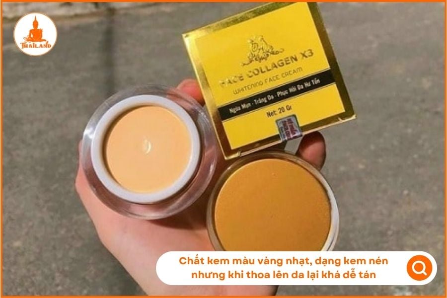 Chất kem có màu vàng nhạt, dạng kem nén nhưng khi thoa lên da lại khá dễ tán