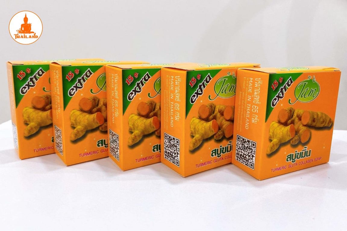 Xà phòng nghệ Jam Turmeric Gluta Collagen Soap giúp làm sạch bụi bẩn, bã nhờn