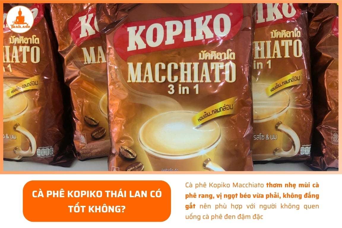 Cà phê Kopiko Macchiato thơm nhẹ mùi cà phê rang, vị ngọt béo vừa phải, không đắng gắt
