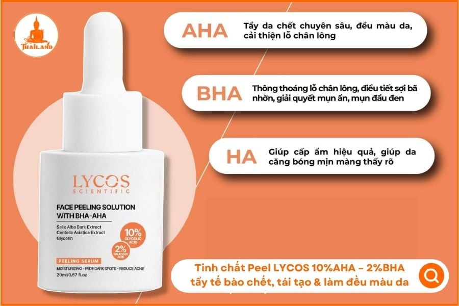Tinh chất peel da Lycos chứa 10% AHA và 2% BHA, giúp loại bỏ tế bào chết sâu bên trong da