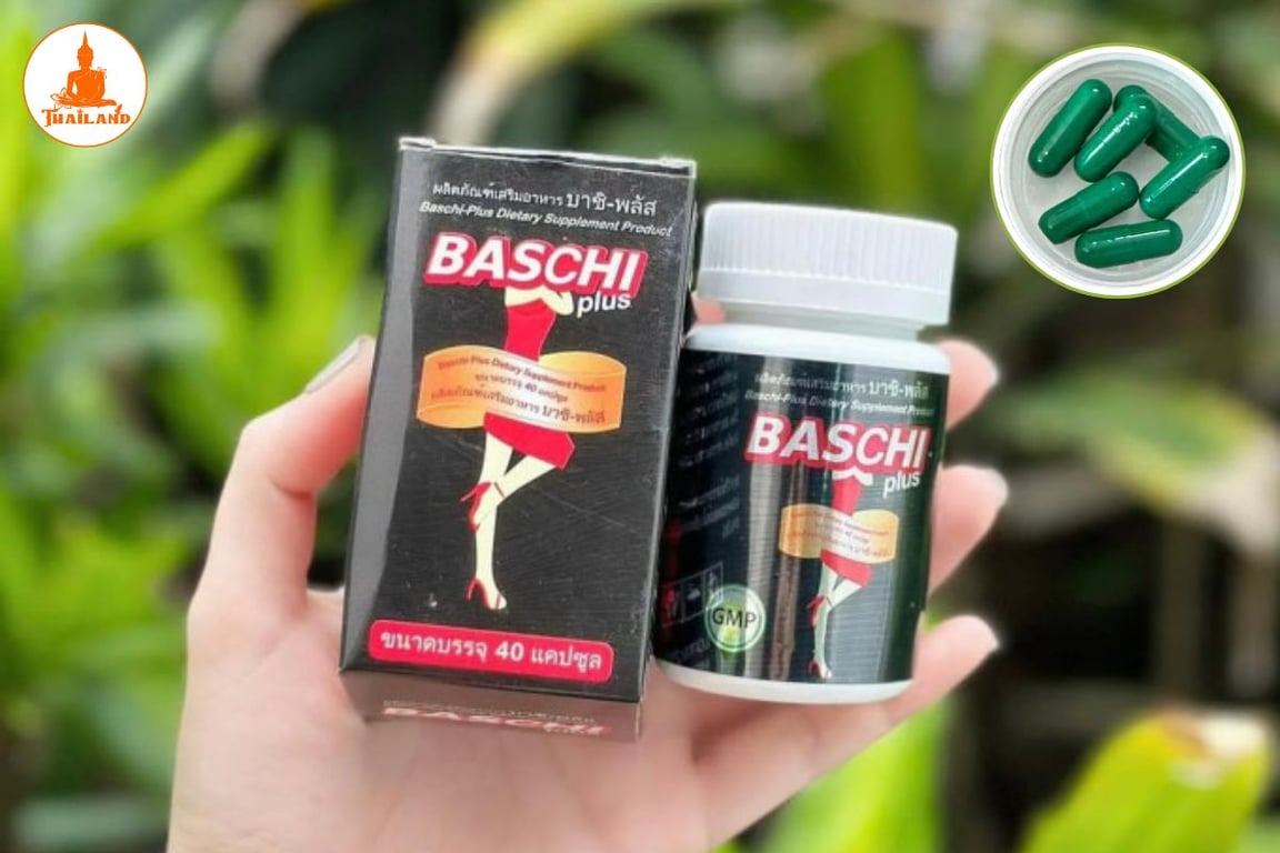 Viên uống giảm cân Baschi đen có màu xanh lá, dạng con nhộng