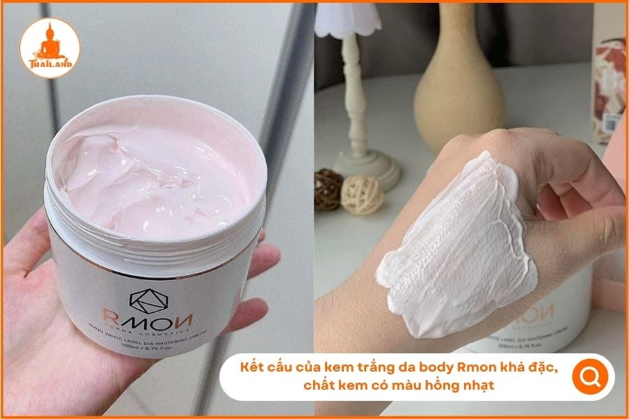 Kết cấu của kem body Rmon khá đặc, chất kem có màu hồng nhạt