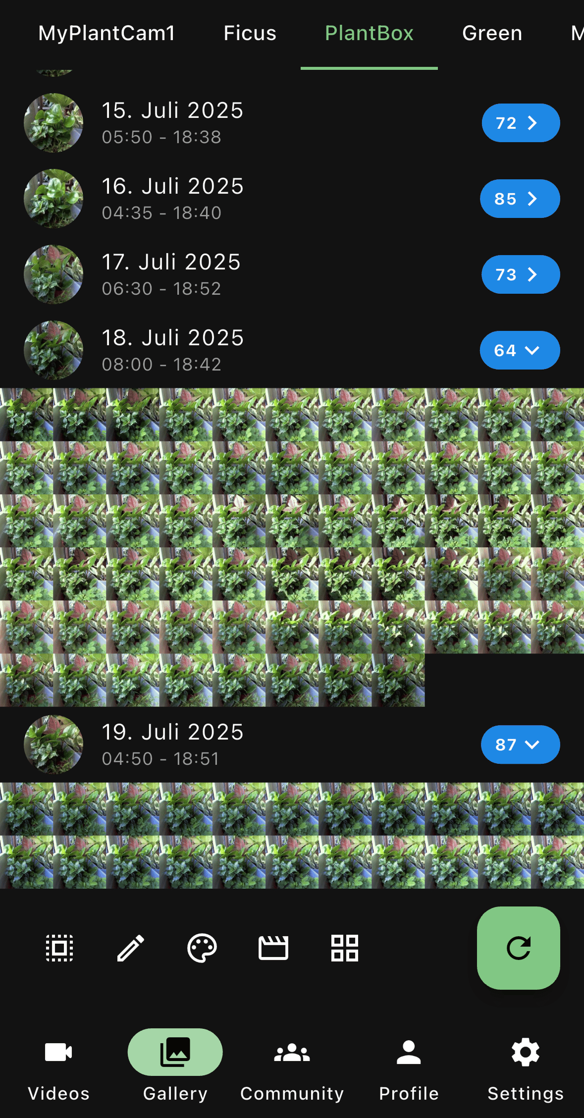 Screenshot der PlantCam-App mit der Pflanzengalerie eines Benutzers