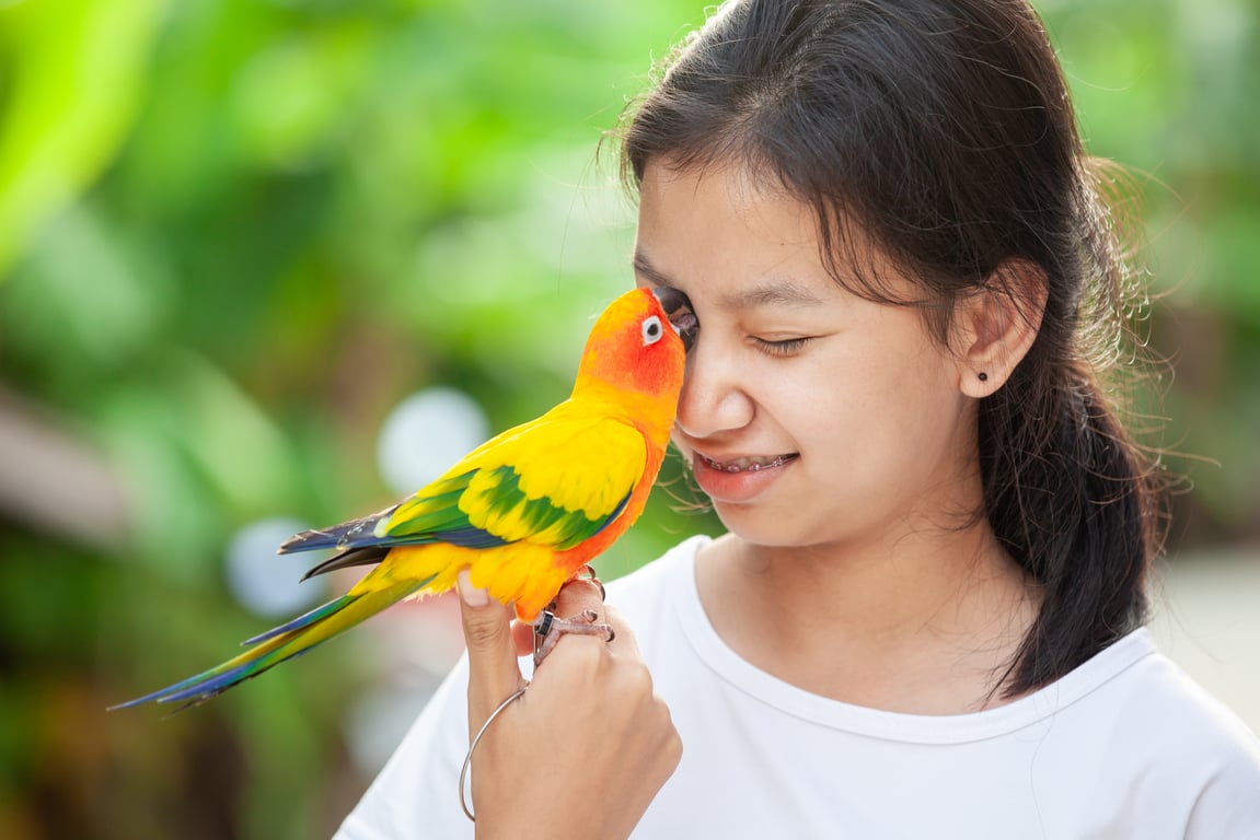 Child holding a parrot.