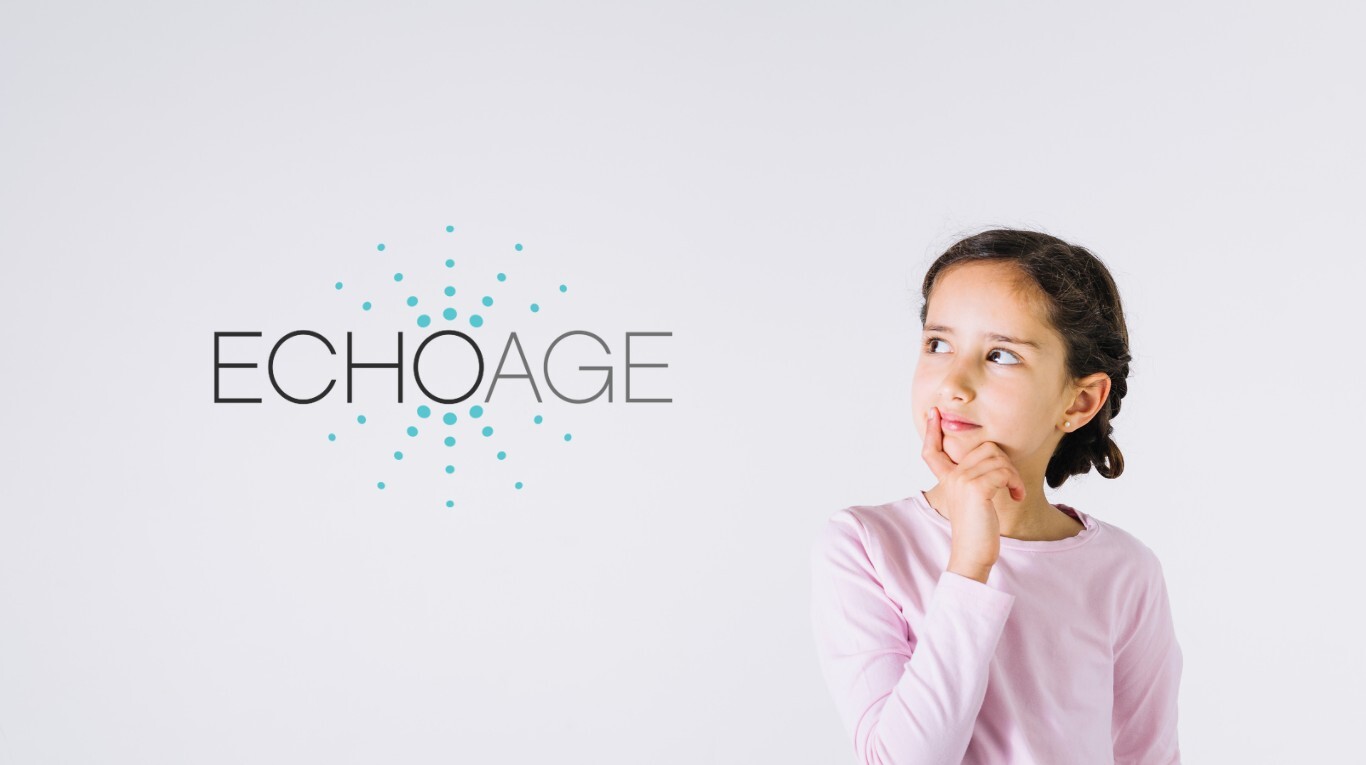 Young girl thoughtfully looking at the ECHOage logo, representing curiosity about the meaning behind ECHOage