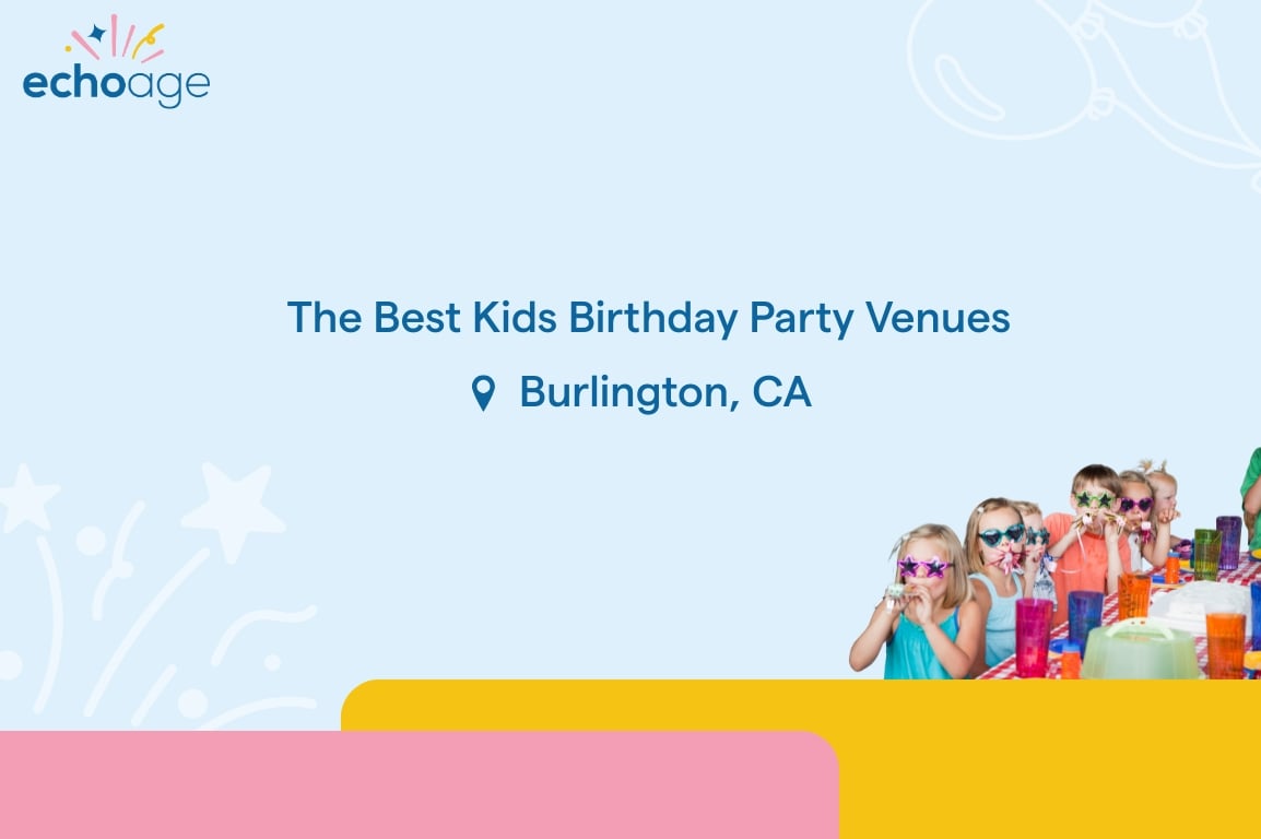 In the centre of the image, there is text saying “The Best Kids Birthday Party Venues Burlington, Canada”  In the top left corner is the ECHOage logo and the bottom right are 6 children celebrating a birthday party. They are wearing sunglasses with stars and hearts while playing with party blowers at a picnic table with food and drinks
