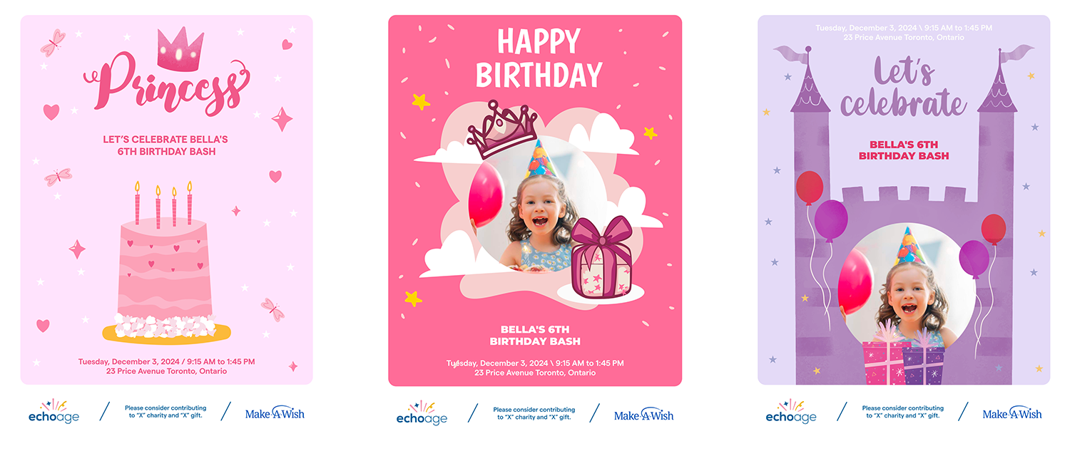 Princess birthday invitation templates shown side by side.