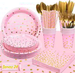 193pcs/Serves 24 Pink and Gold Birthday Dinnerware Set