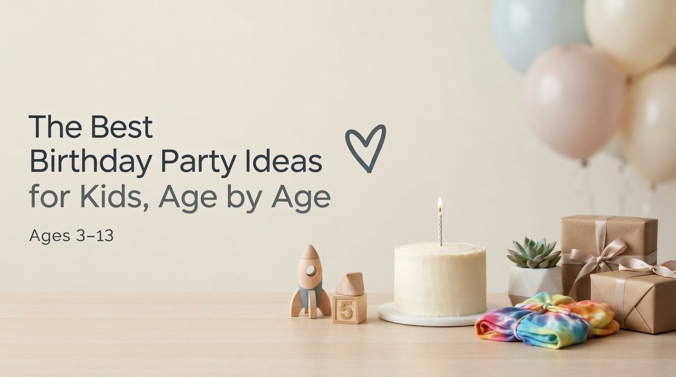 Birthday cake with a lit candle, pastel balloons, gifts and a wooden rocket beside a headline about party ideas for ages 3–13.