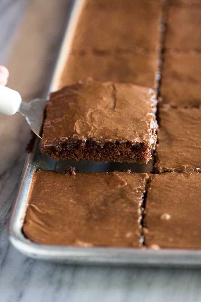 A Texas Sheet Cake with warm chocolate fudge icing.