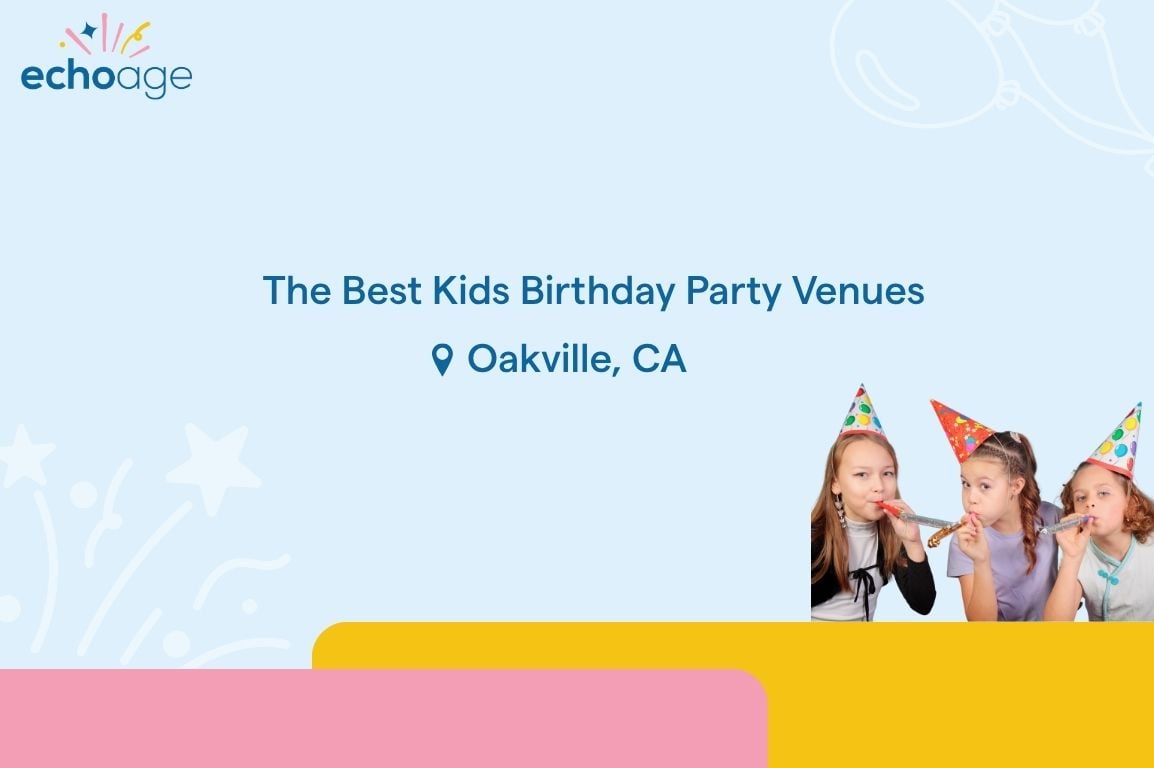 The best kids birthday party venues Oakville CA, featuring three children wearing party hats and blowing party horn