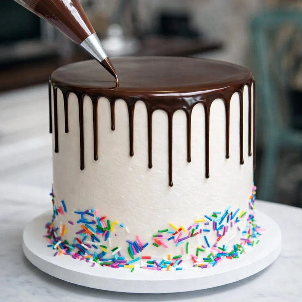 A chocolate drip cake decorated with buttercream and ganache.