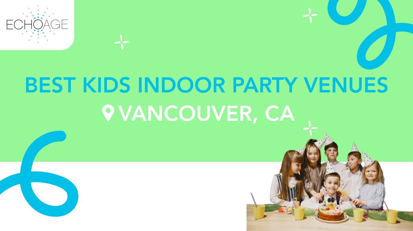 In the centre of the image, there is text saying “best kids indoor party venues Vancouver, Canada”  In the top left corner is the ECHOage logo and the bottom right are 6 children celebrating a birthday party. They are wearing party hats and they have cups and cake.